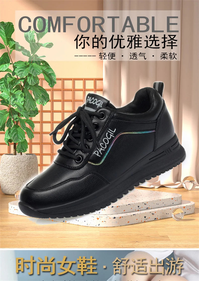 Women Versatile Non-slip Spring Autumn Soft Sole Soft Leather Shoes Fashion Breathable Lace-Up Solid Casual Flat Sneakers