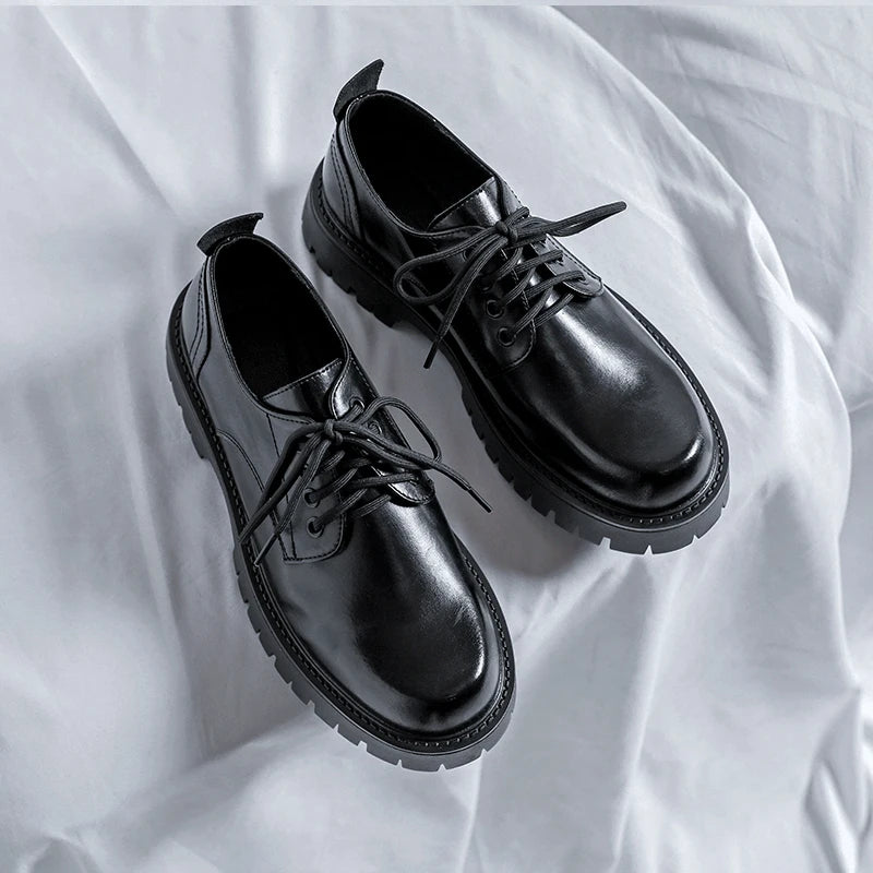 Men Korea Leather Platform Oxfords Slip On Thick Tottom For Male Derby Shoes Casual Loafers Mens Square Toe Formal Dress Shoes