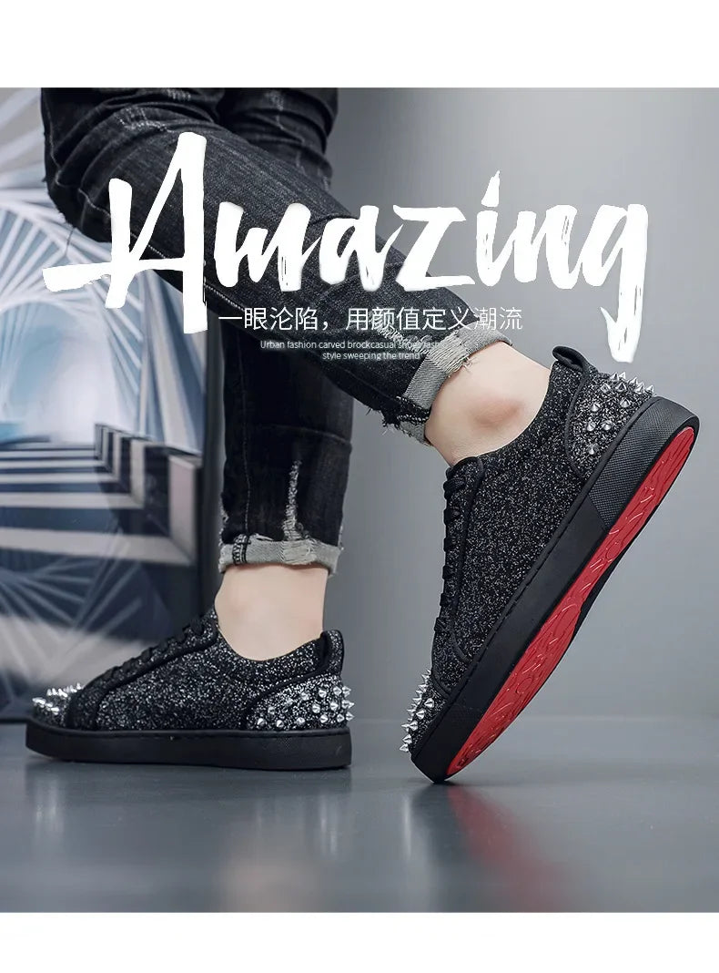 Trend Men Leather Casual Shoes Punk Style Rivet Flat Skate Shoes Young Man Street Black Sneaker