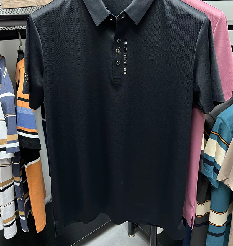 High End Brand New Summer Solid Color Silk Cotton High-quality Short Sleeved Polo Men's Fashionable Business Seamless Casual Top