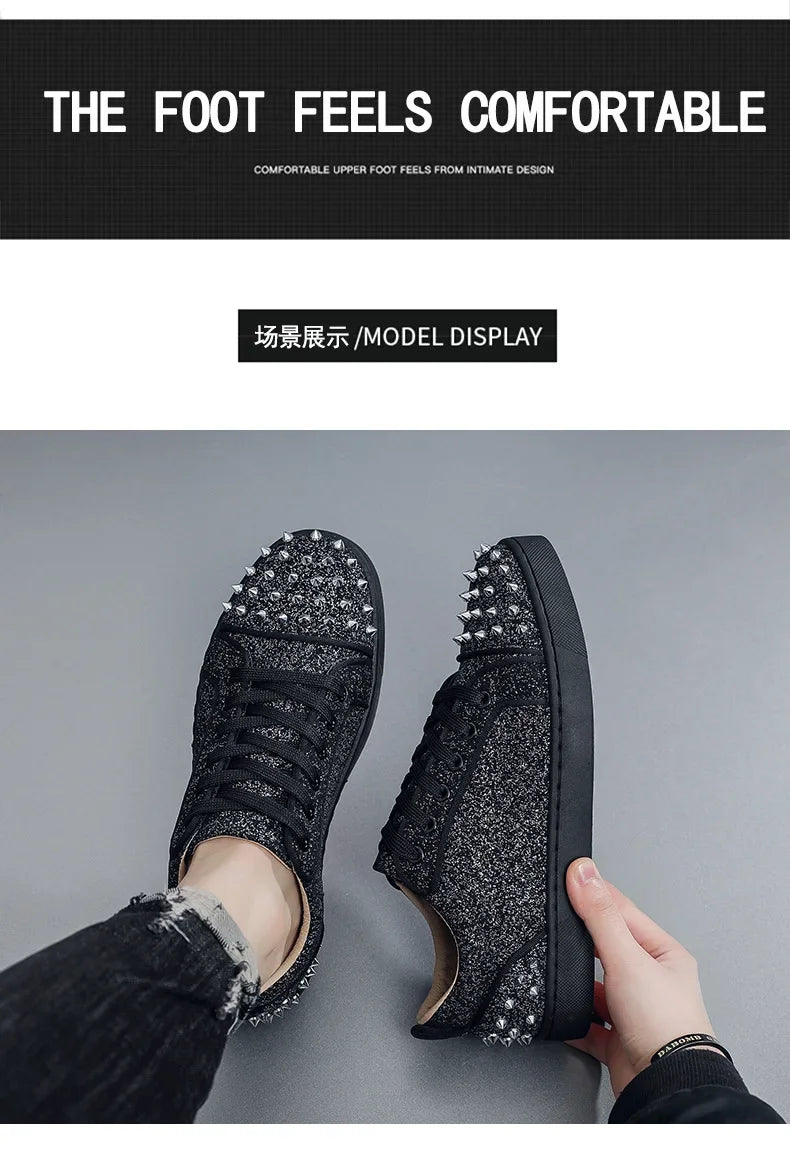 Trend Men Leather Casual Shoes Punk Style Rivet Flat Skate Shoes Young Man Street Black Sneaker