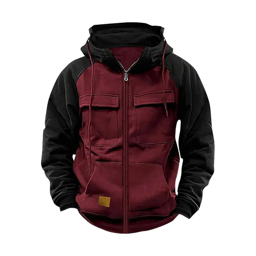 2024 Retro Cargo Hoodies Men's Half Zipper Solid Warm Fleece Sweatshirts Multi Pockets Male Hooded Jackets Thick Outdoor Hooded