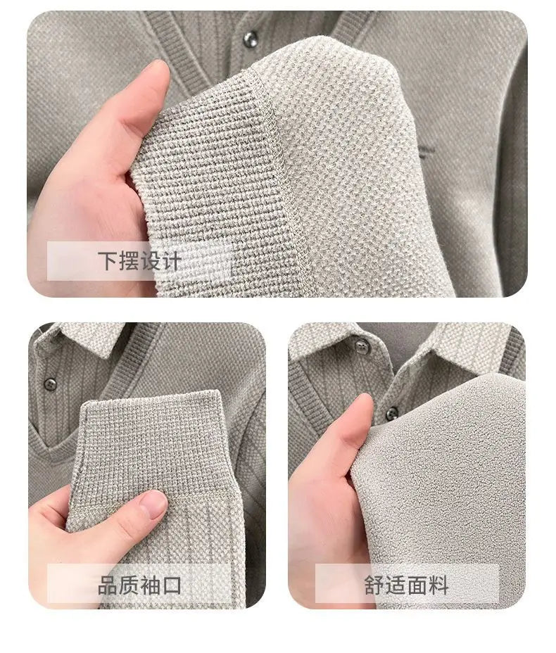 Mens Sweater Polo Collar Label Patchwork Stripes Plush Wool Liner Knitted Thickened Sweater Brand Luxury Print Thermo Menswear