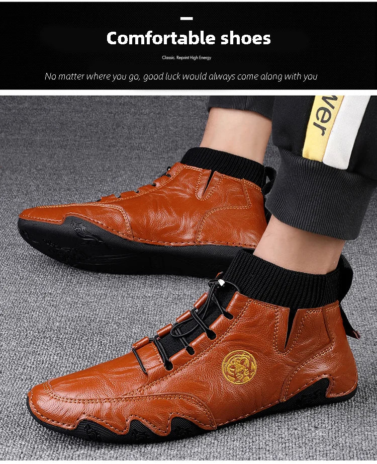 CLOHOO Men's Wear-resistant Boots Casual Classic Genuine Leather Handmade Shoes Ankle Round Toe Lace Up Walking Business Boot