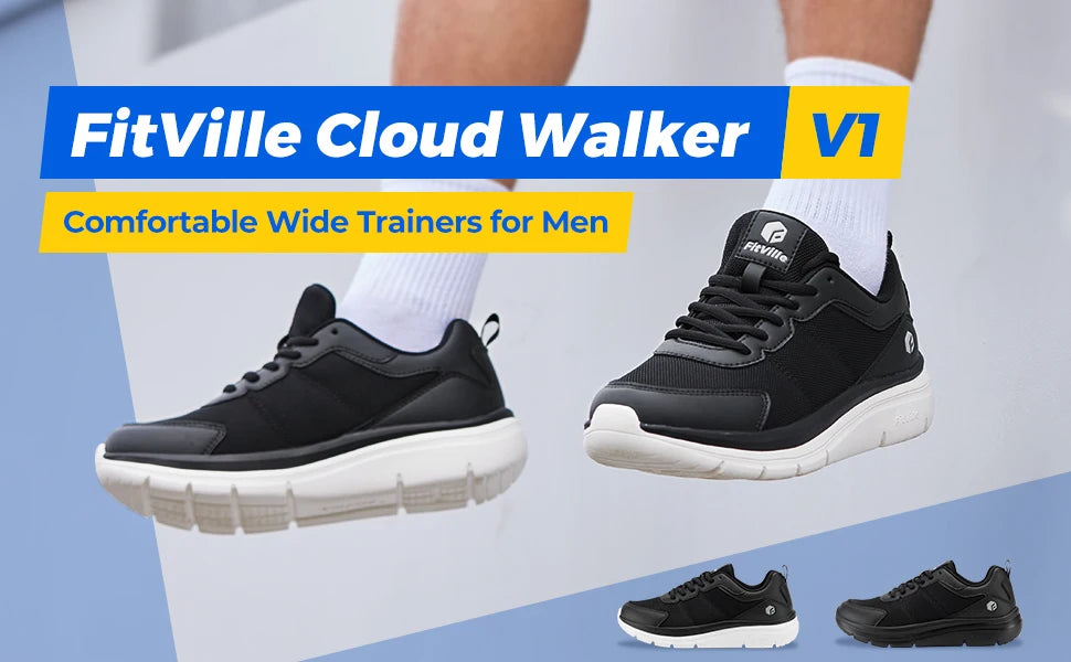 FitVille Men's Walking Shoes Wide Width Max Cushioning Lightweight Sneakers Casual Shoes for Plantar Fasciitis Pain Relief