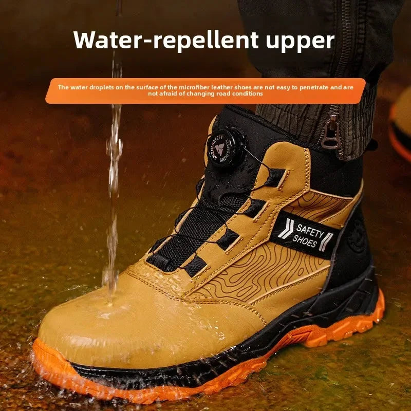 Waterproof Steel Toe Work Shoes Anti Crush Slip Resistant with Rotating Buckle No Tie Cross-Border Labor Protection Shoes