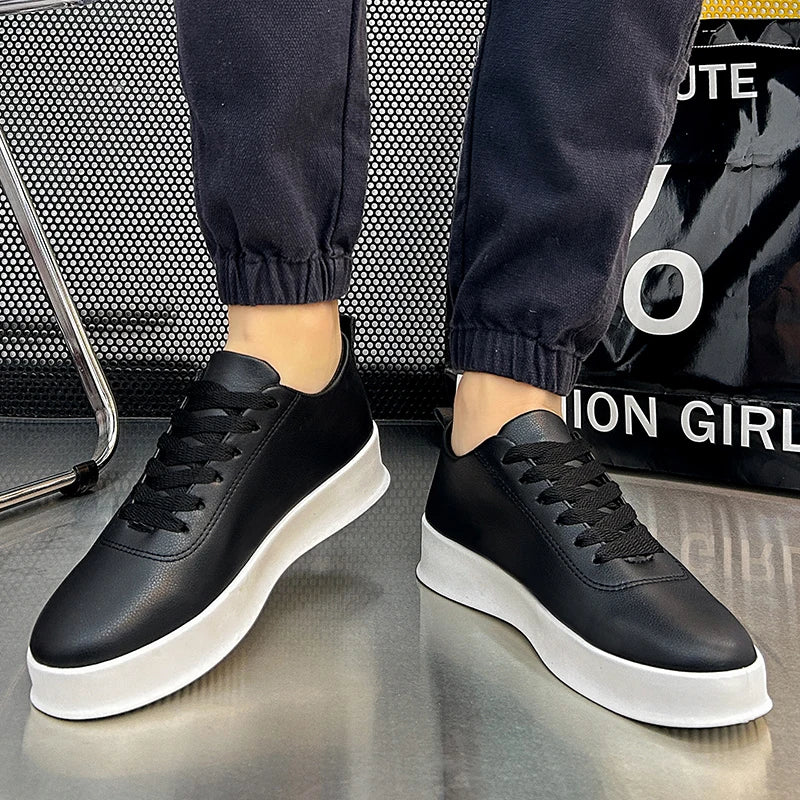 Fashion Thick Sole Black White Soft Men Leather Shoes Platform Men Casual Board Shoes Walking Sport Shoes Lightweight Work Shoes