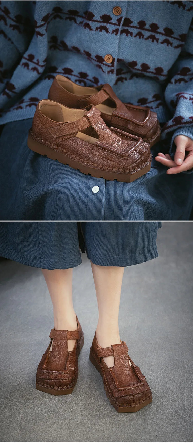 Johnature 2026 Spring New Square Toe Thick Soled Comfortable Commuter Women's Shoes Retro Genuine Leather Flats