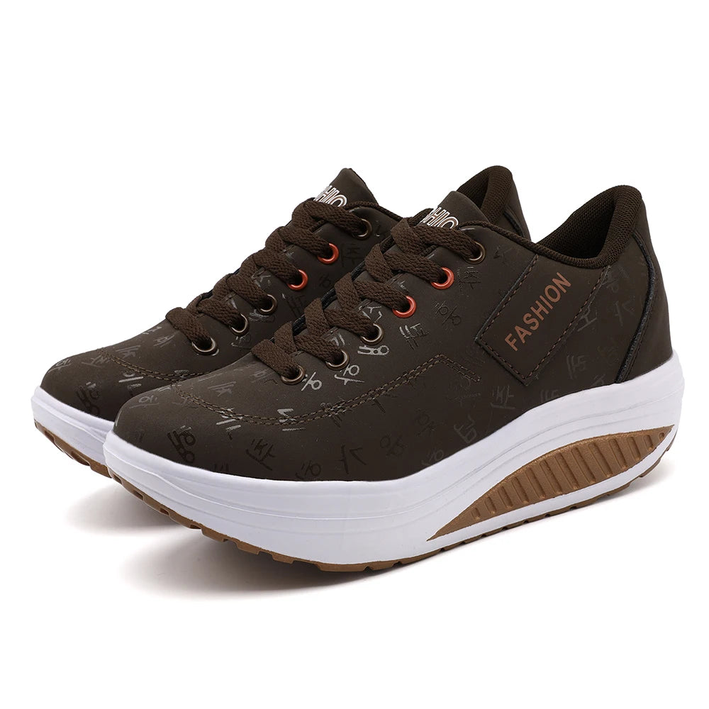 Ladies Casual Sports Shoes Breathable Comfortable Wedge Heel Thick Sole Sneakers Lace-up shoes