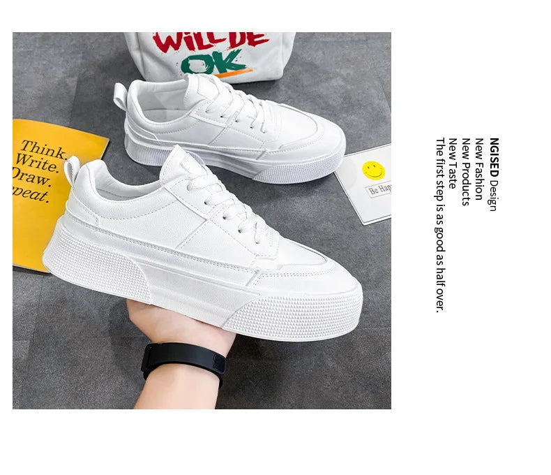 Men White Shoes Leather Casual Sneakers  Trend Platform Shoes Comfortable Vulcanized Shoes for Men White Tenis Masculinos