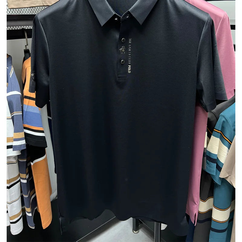 High End Brand New Summer Solid Color Silk Cotton High-quality Short Sleeved Polo Men's Fashionable Business Seamless Casual Top