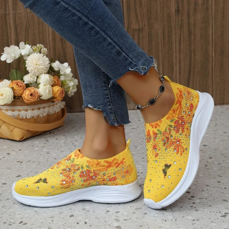 Flower Print Knitted Sneakers Women Shiny Crystal Breathable Walking Shoes Woman Plus Size Casual Non-Slip Sock Shoes Ladies