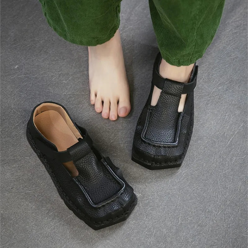 Johnature 2026 Spring New Square Toe Thick Soled Comfortable Commuter Women's Shoes Retro Genuine Leather Flats