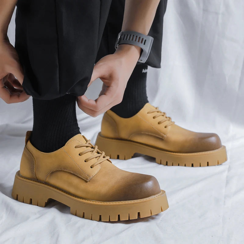 Men Korea Leather Platform Oxfords Slip On Thick Tottom For Male Derby Shoes Casual Loafers Mens Square Toe Formal Dress Shoes
