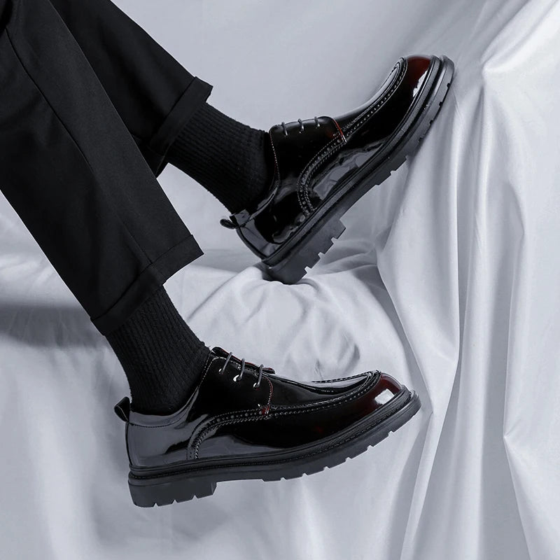 Men Korea Leather Platform Oxfords Slip On Thick Tottom For Male Derby Shoes Casual Loafers Mens Square Toe Formal Dress Shoes