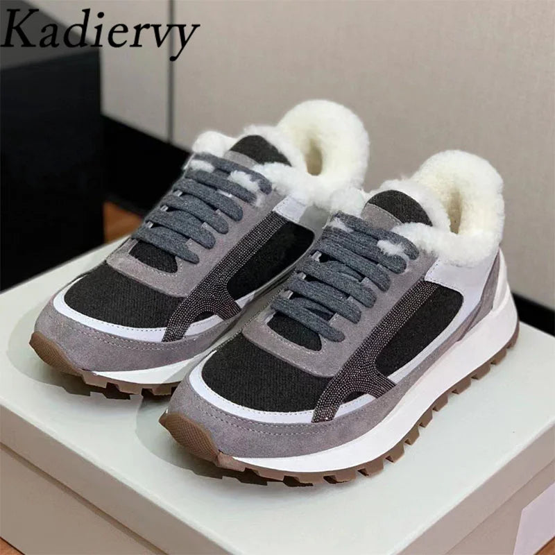 Casual New Sneakers Woman Round Toe Lace Up Outdoors Shoes Cow Suede Patchwork String Bead Comfort Flat Women's Sports Shoes