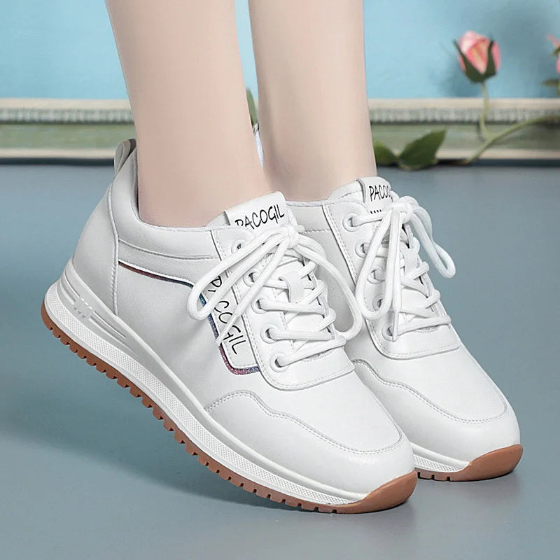 Women Versatile Non-slip Spring Autumn Soft Sole Soft Leather Shoes Fashion Breathable Lace-Up Solid Casual Flat Sneakers