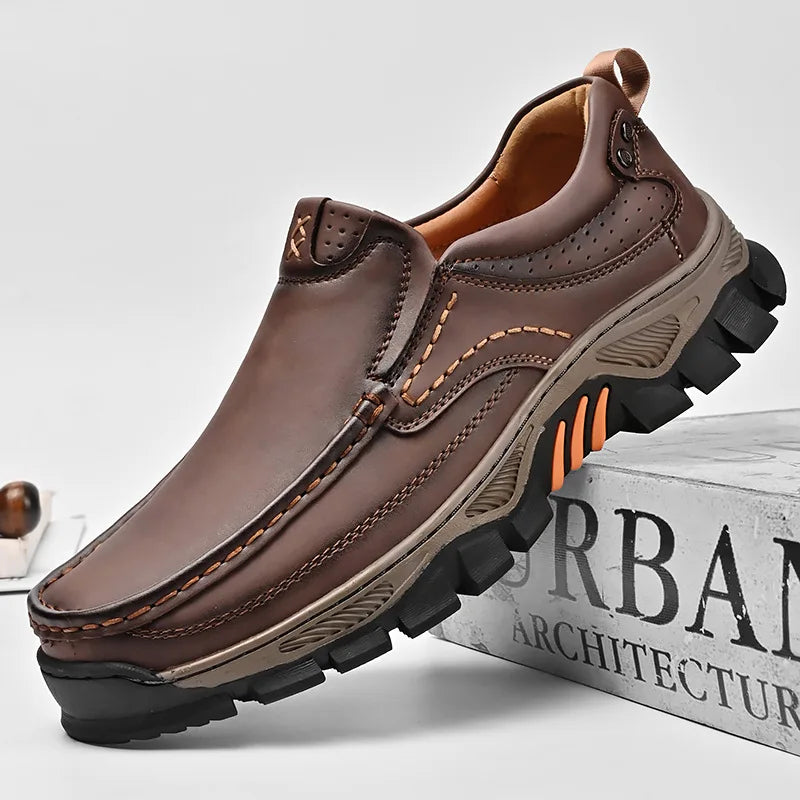 Retro Style Leather Loafers Mens Comfort Casual Shoes Breathable Male Driving Footwear Moccasin Travel Climbing Camping Footwear