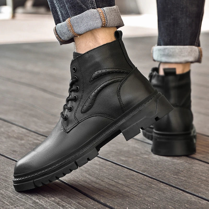 Men's Black Leather Boots Side Zipper Lace-Up Ankle Boots Non-Slip Platform Combat Boots for Casual Work Outdoor Big Size 49 50
