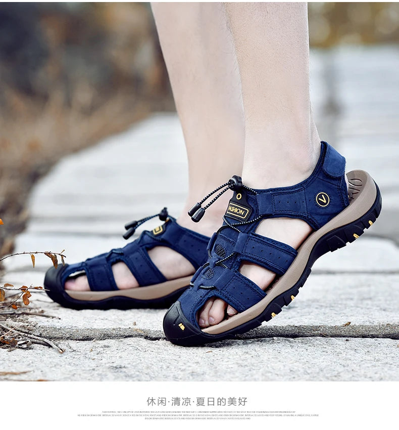Men Summer Beach Sandals Outdoor Non-slip Wading Shoes Fisherman Leather Breathable Hiking Non-slip Sandals Sandalia Masculina