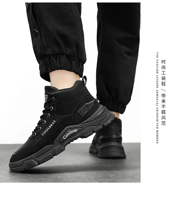 2026 new Men's High Top Boots Trendy Black Motorcycle Boots Outdoor Warm Platform Boots Men Lace-up Leather Boot Bota Masculina