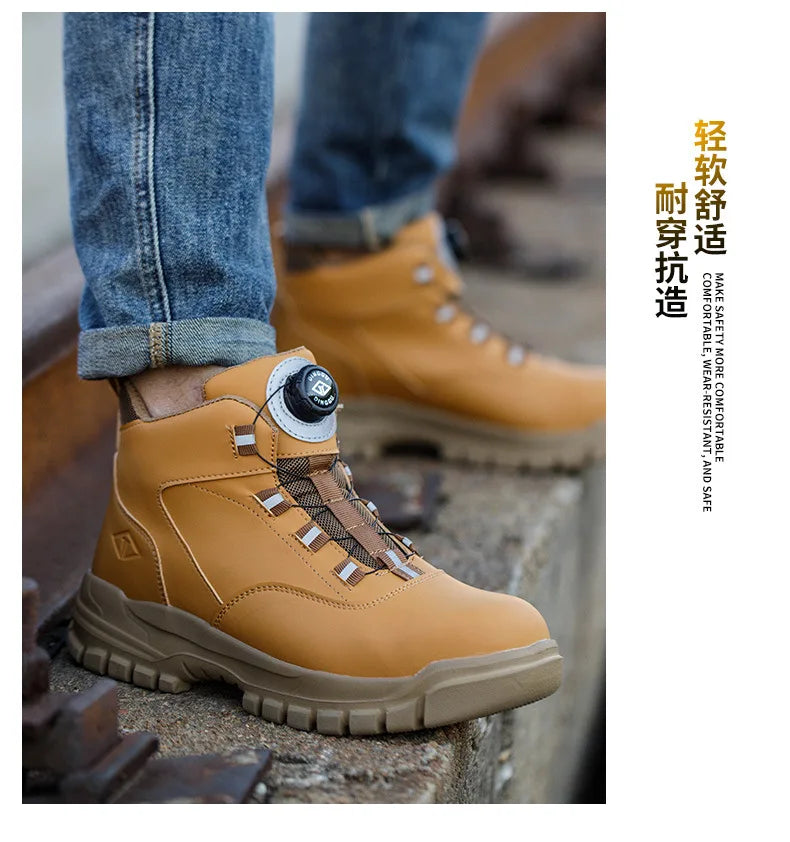 Rotating Buttons Work Boots Men Steel Toe Shoes Safety Boots Puncture-Proof Protective Shoes Waterproof Indestructible Shoes New