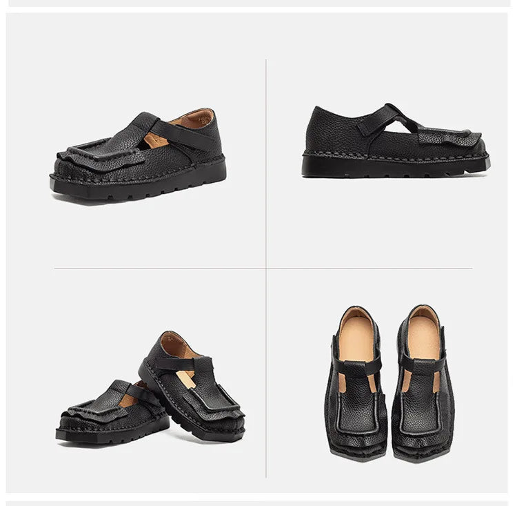 Johnature 2026 Spring New Square Toe Thick Soled Comfortable Commuter Women's Shoes Retro Genuine Leather Flats