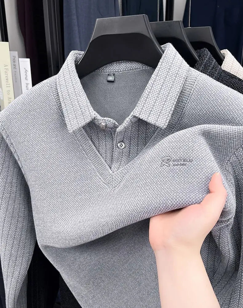 Mens Sweater Polo Collar Label Patchwork Stripes Plush Wool Liner Knitted Thickened Sweater Brand Luxury Print Thermo Menswear