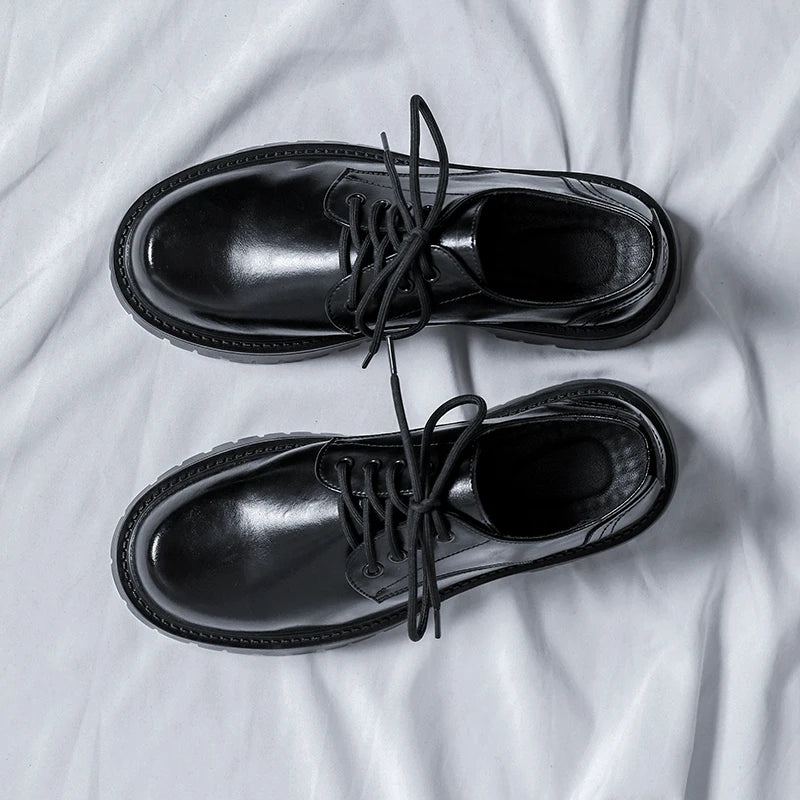 Men Korea Leather Platform Oxfords Slip On Thick Tottom For Male Derby Shoes Casual Loafers Mens Square Toe Formal Dress Shoes