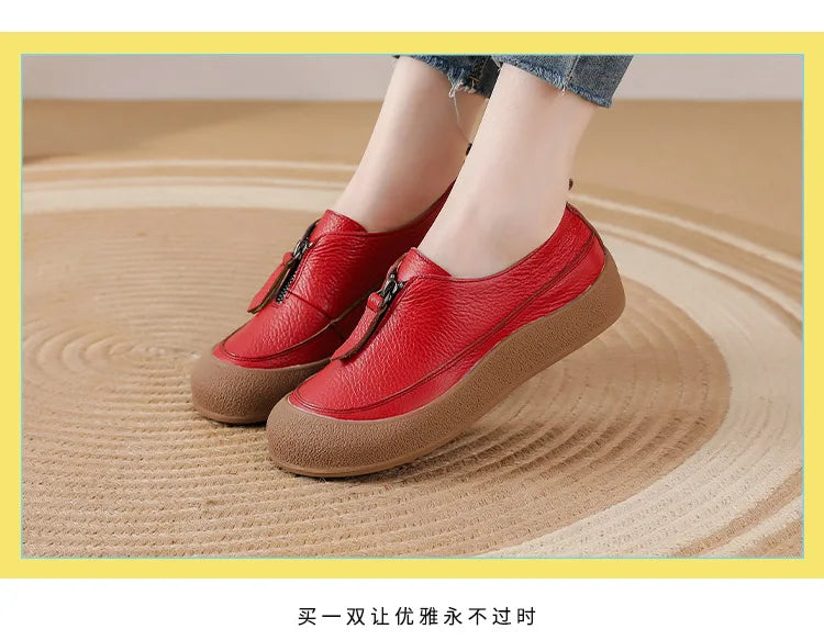 Top quality front zip red loafers woman slip-on geunine leather shoes designer womens oxford sneakers plus size female shoe