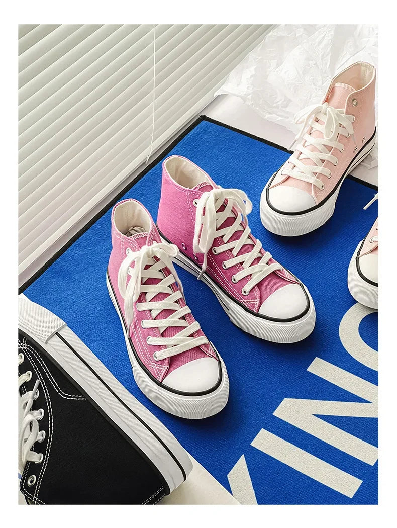 Retro High Top Canvas Shoes Classic Breathable Unisex Spring Autumn Fashionable Couple Style Cotton Lined Flat Bottom Sneakers