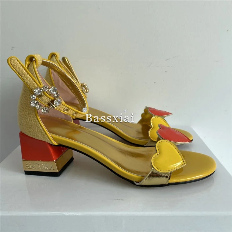 Sweet Love-heart One-Strap Sandals Women Letter Square Heel Open Toe Crystal Buckle Banquet Shoes For Girls Summer
