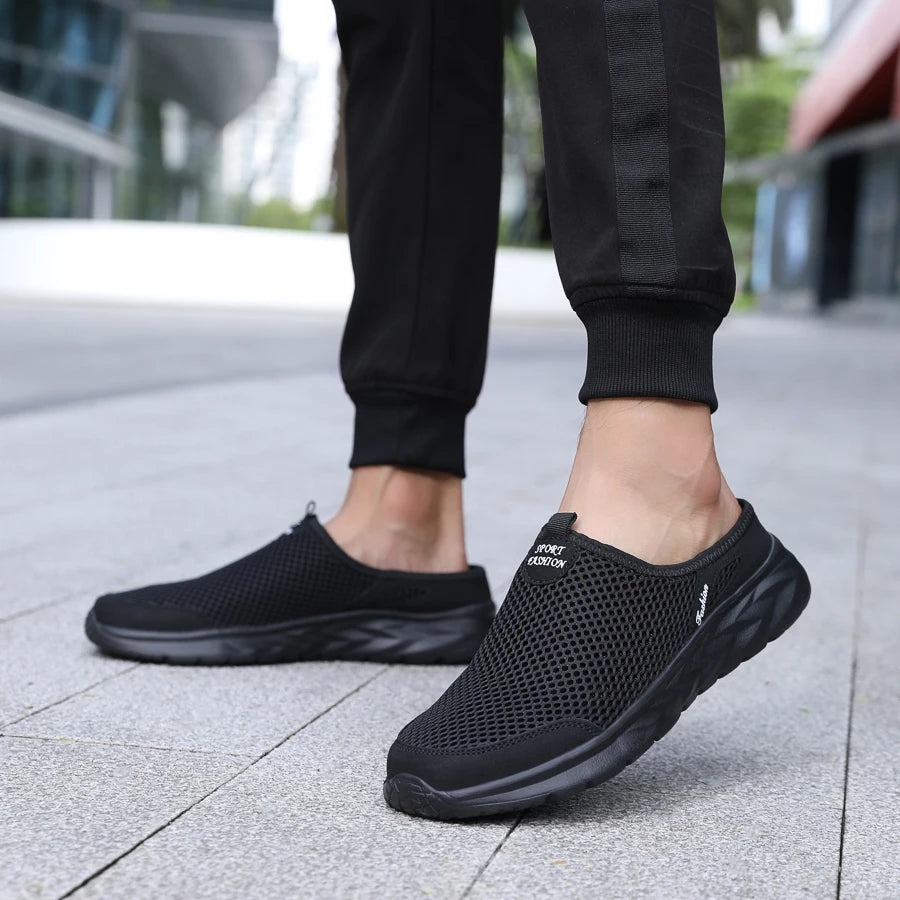 New Mens Half Slippers Summer Breathable Mesh Shoes Men Outdoor Casual Slip on Sandals Comfortable Lightweight Mesh Slippers Man