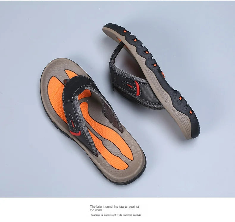 Cow Leather Outdoor Men Slippers Non-slip Wear-resistant Men's Flip Flops Summer Casual Shoes For Men Beach Sandals Plus Size