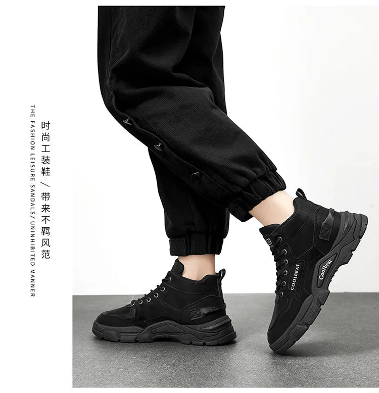 2026 new Men's High Top Boots Trendy Black Motorcycle Boots Outdoor Warm Platform Boots Men Lace-up Leather Boot Bota Masculina