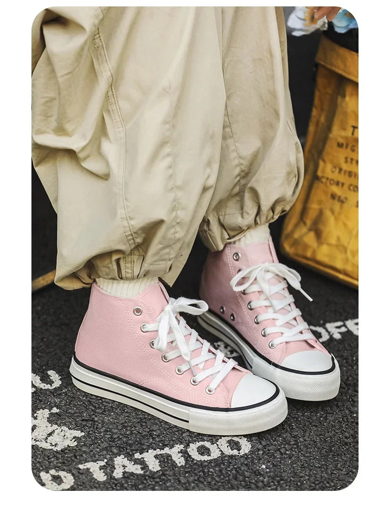 Retro High Top Canvas Shoes Classic Breathable Unisex Spring Autumn Fashionable Couple Style Cotton Lined Flat Bottom Sneakers