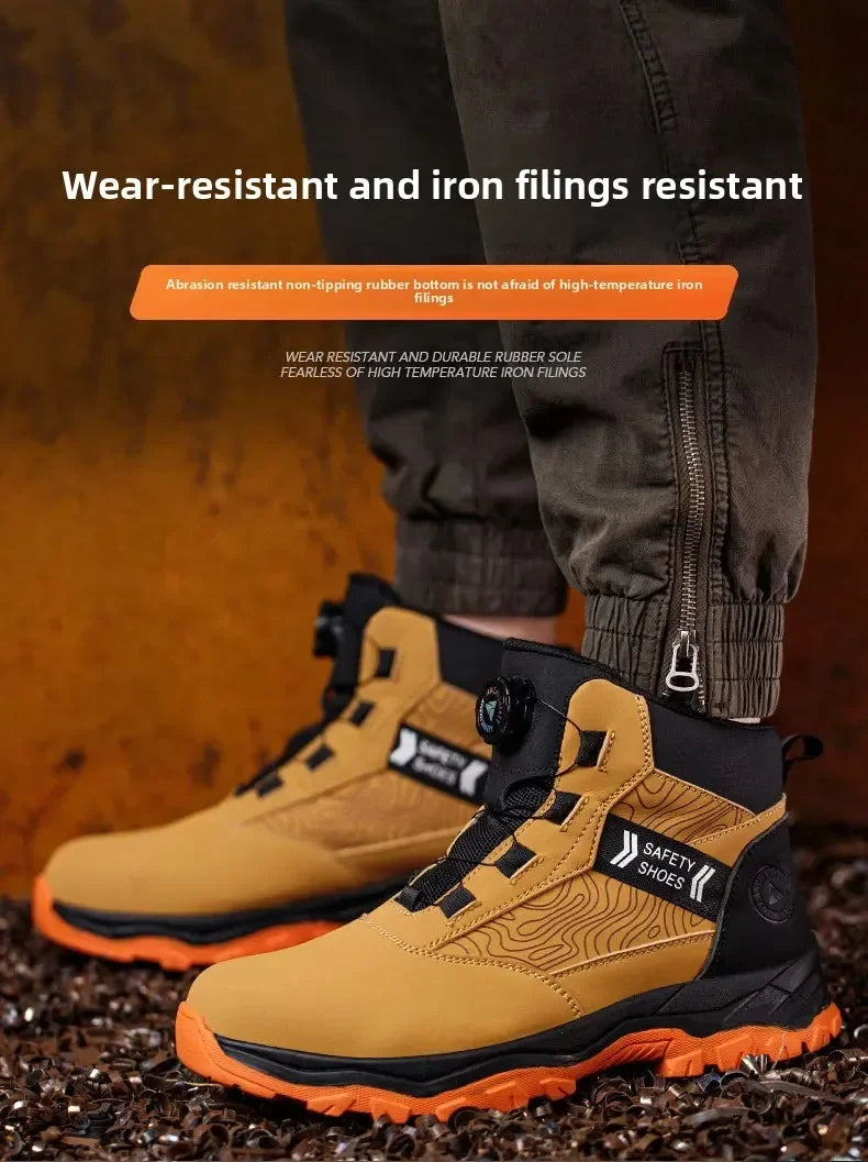 Waterproof Steel Toe Work Shoes Anti Crush Slip Resistant with Rotating Buckle No Tie Cross-Border Labor Protection Shoes