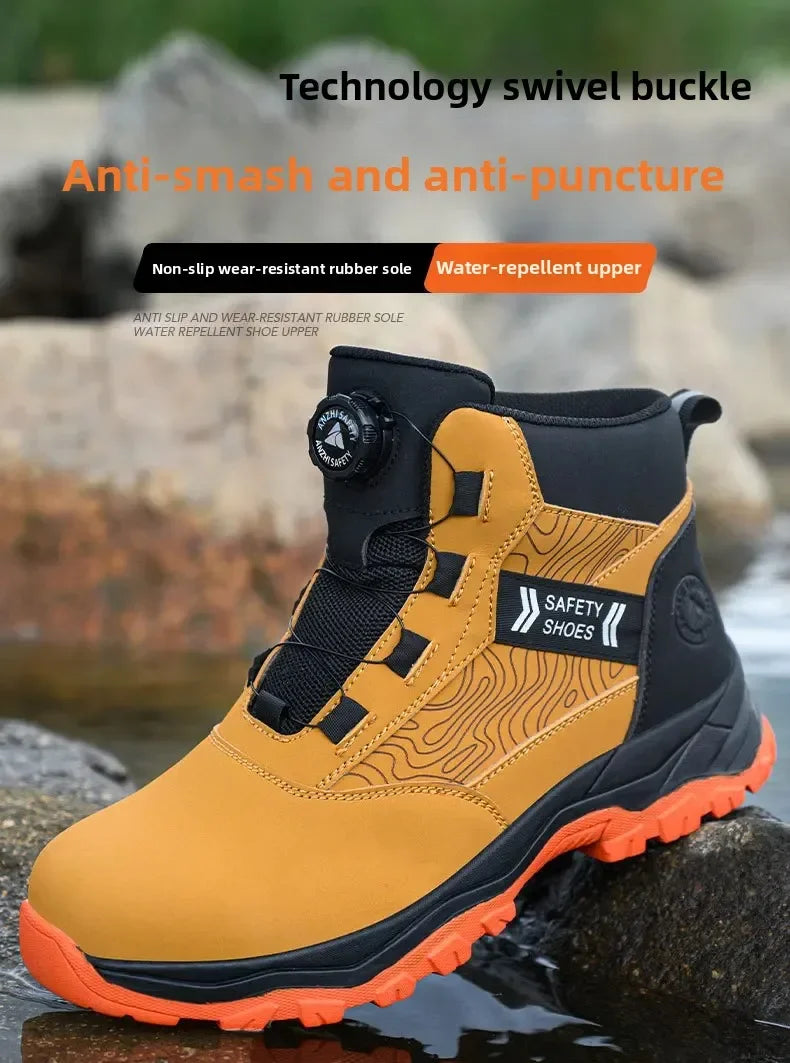 Waterproof Steel Toe Work Shoes Anti Crush Slip Resistant with Rotating Buckle No Tie Cross-Border Labor Protection Shoes