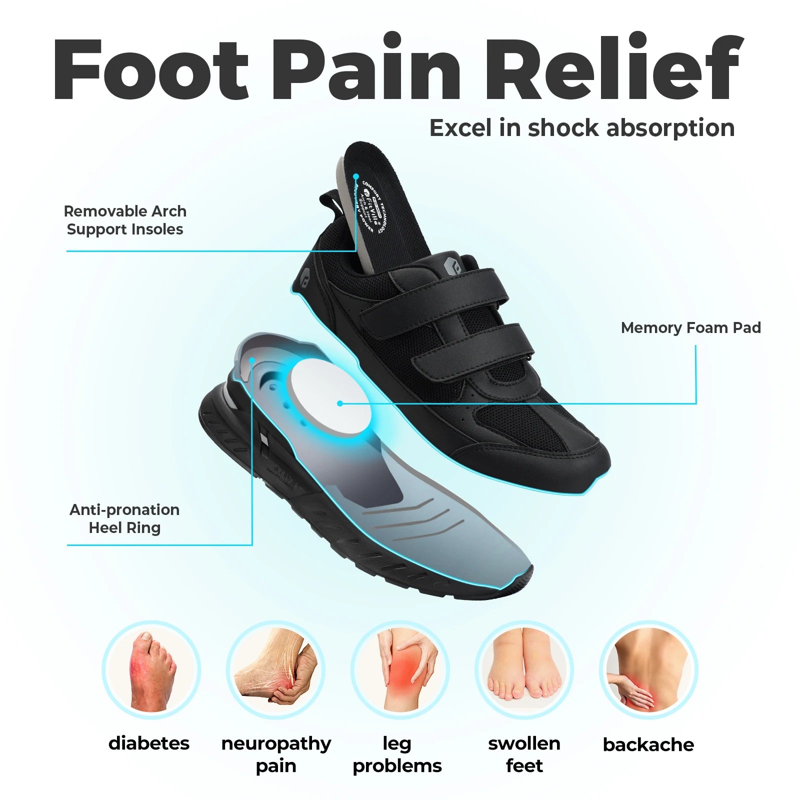 FitVille Diabetic Shoes for Men Extra Wide Width Adjustable Closure Walking Shoes Slip-on Sneakers for Foot Pain Relief Swollen