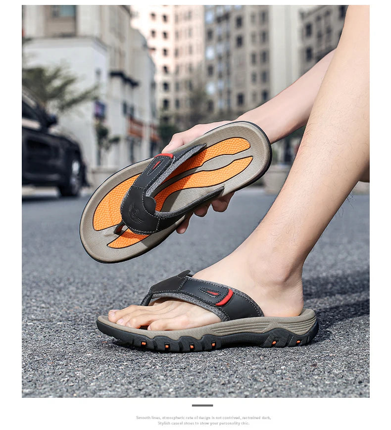 Cow Leather Outdoor Men Slippers Non-slip Wear-resistant Men's Flip Flops Summer Casual Shoes For Men Beach Sandals Plus Size