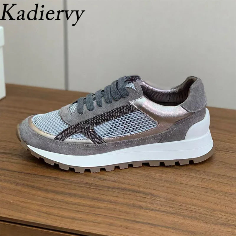 Casual New Sneakers Woman Round Toe Lace Up Outdoors Shoes Cow Suede Patchwork String Bead Comfort Flat Women's Sports Shoes
