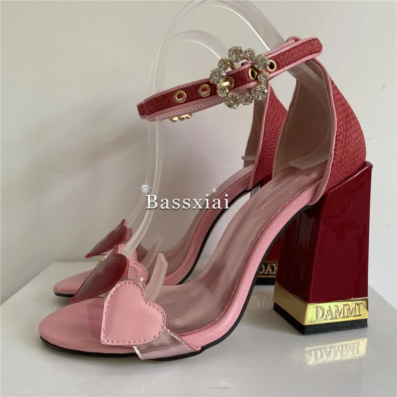 Sweet Love-heart One-Strap Sandals Women Letter Square Heel Open Toe Crystal Buckle Banquet Shoes For Girls Summer
