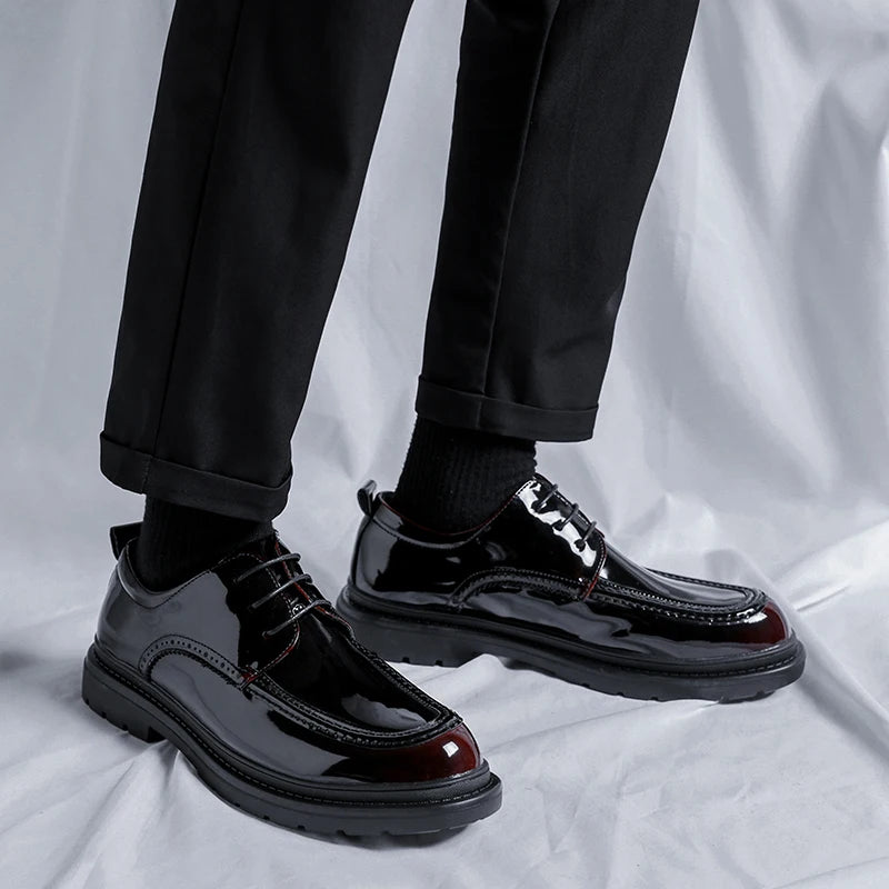 Men Korea Leather Platform Oxfords Slip On Thick Tottom For Male Derby Shoes Casual Loafers Mens Square Toe Formal Dress Shoes