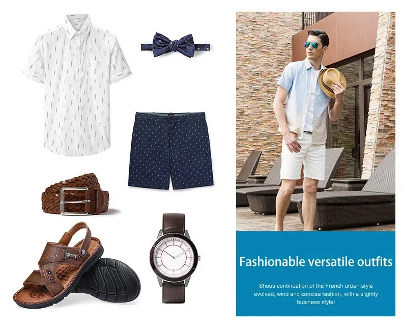 LAORENTOU leather male sandals casual beach shoes wear non-slip sandals and sliers cowhide