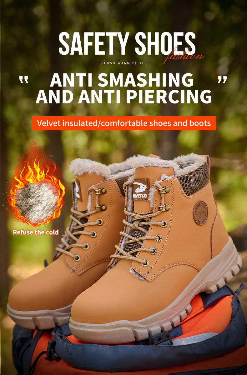 New 2024 Fashion Winter Velvet Work Safety Boots For Men Nail Proof Indestructible Waterproof Steel Toe Cap Male Sneakers