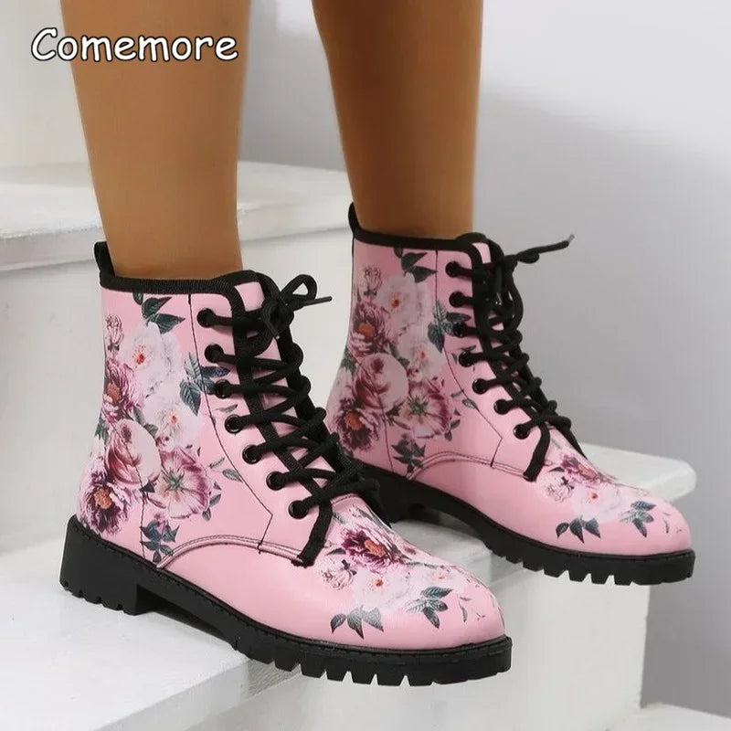 Comemore Spring 2025 Boots Leather Toe Lace-up Mid-tube Flat Pink Leather Boots Fashion Women's Low Heel Boot Shoes Plus Size 46
