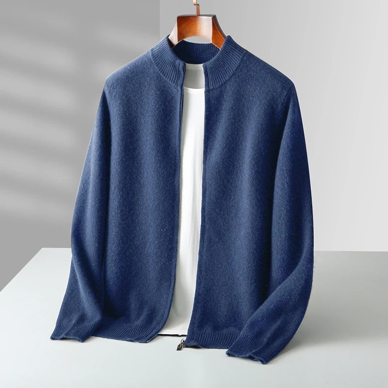 100% Merino Wool Men's Warm Sweater Mock Collar Thickened Zippered Cardigan Autumn Winter New Cashmere Knitted Long Sleeve Tops