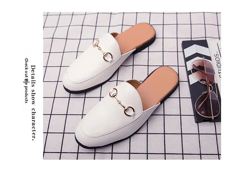 New Casual Men's Shoes Large Size 45 Fashionable British Style Slip-On Lazy Half Slippers Breathable PU Leather Comfortable