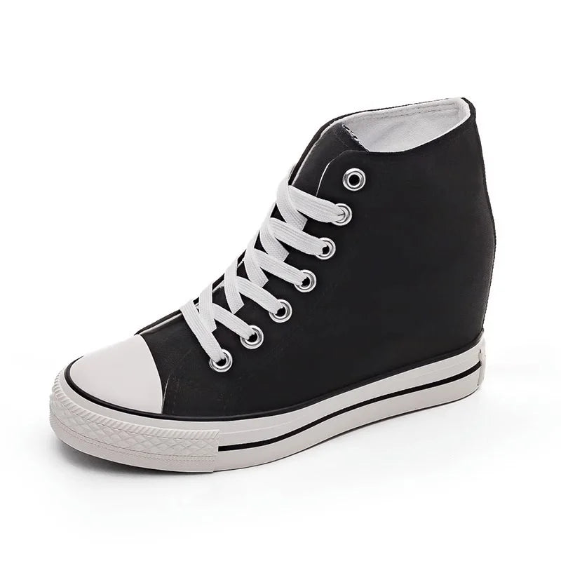 8cm High Heels Shoes Casual Canvas Shoes Platform Wedges High Top Ladies Hidden Wedge Heels Elevator Shoes