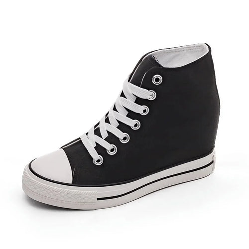 8cm High Heels Shoes Casual Canvas Shoes Platform Wedges High Top Ladies Hidden Wedge Heels Elevator Shoes